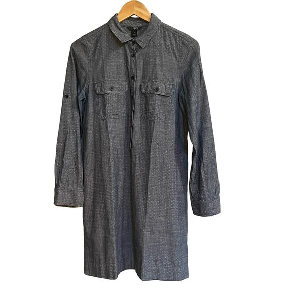 J Crew Dress Chambray Denim Blue Polka‎ Dot Pullover Roll Tab Sleeves Sz S - Picture 1 of 7